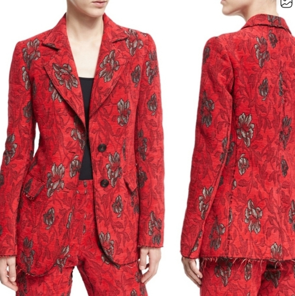 Derek Lam New York Red Velvet Floral Jacquard Blazer Size 8 Button Front